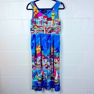 Vintage Y2K CAROLE LITTLE Sport Dress Wearable Art Fishing Village SZ 8 Rayon